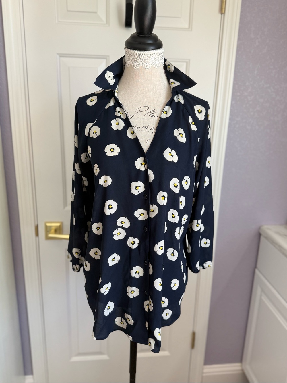 CAbi Navy Button-Down Shirt with White Floral Print